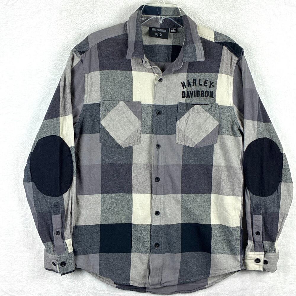 Harley Davidson Flannel Shirt Mens M Black Gray Buffalo Plaid Embroidered Moto